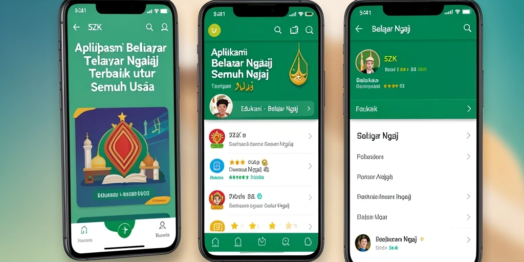 Tampilan antarmuka belajar ngaji yang menarik dan interaktif.